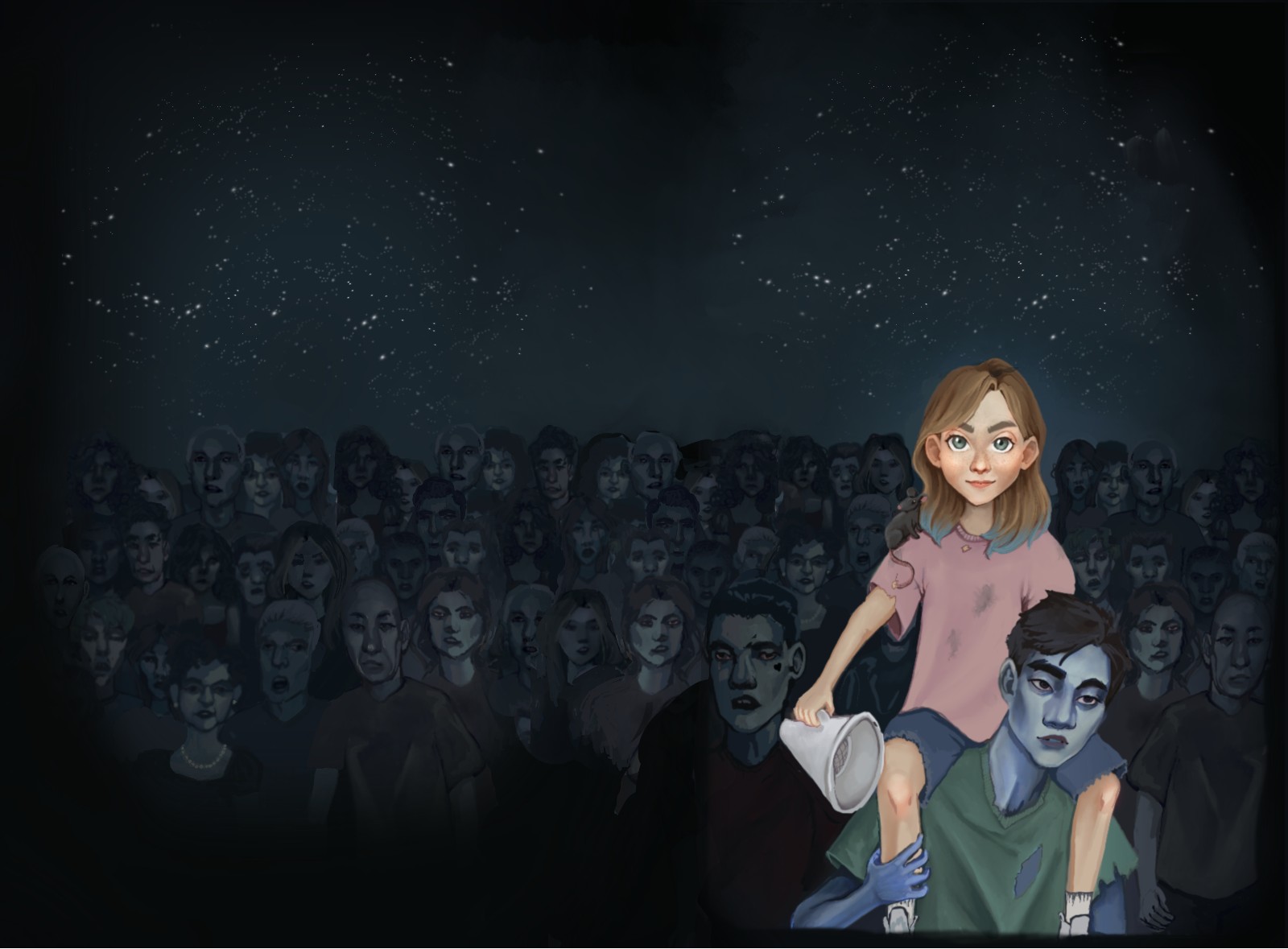 12 year-old Dawnhah holding a bullhorn while sitting on the shoulders of a male zombie who is standing in front of a sea of zomibie faces that stetches into the distance